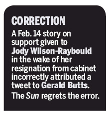 A black box with rounded corners at the top. Inside is white text: "CORRECTION: A Feb. 14 story on support given to Jody Wilson-Raybould in the wake of her resignation from cabinet incorrectly attributed a tweet to Gerald Butts. The Sun regrets the error."