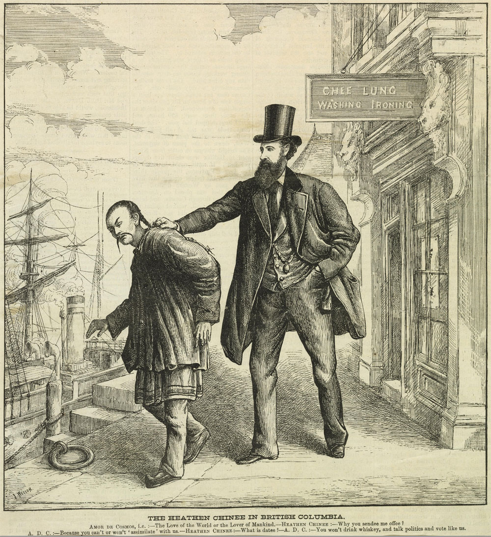 A cartoon of a tall white man in a fancy coat and stovepipe hat with his hand on the back of a stereotypically-depicted Chinese man.