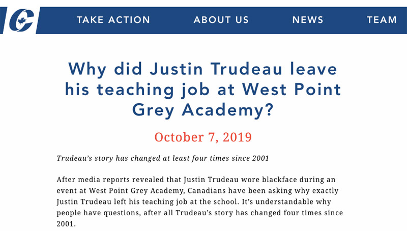 Screenshot from Conservative Party website showing the top of their October 7, 2019, news release headlined: "Why did Justin Trudeau leave his teaching job at West Point Grey Academy?"
