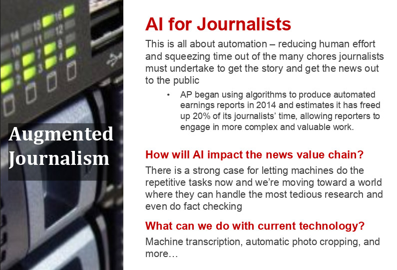A page headlined "AI for Journalists" and "Augmented Journalism," describing how AI could benefit the process of reporting.