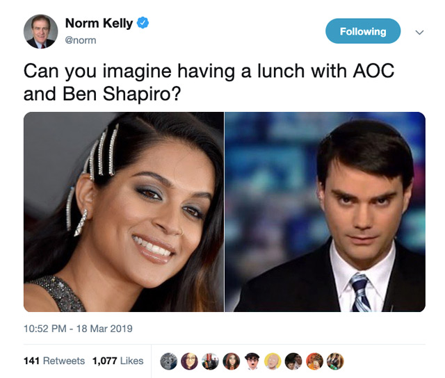 A tweet from Norm Kelly (@norm) asking, "Can you imagine having a lunch with AOC and Ben Shapiro?" He accompanies it with photos of Lilly Singh (not AOC) and Shapiro.