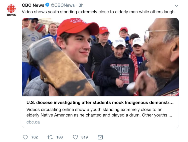 A tweet from CBC News, "Video shows youth standing extremely close to elderly man while others laugh." It links to a story about the MAGA-hat-wearing students who confronted and mocked an Indigenous demonstrator at that Washington rally.