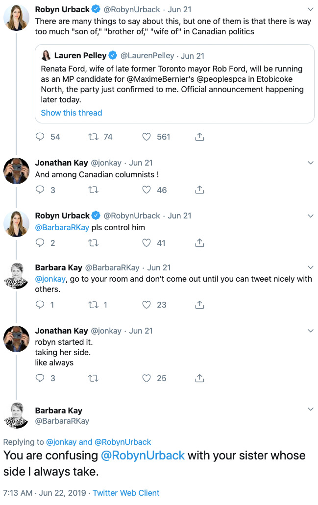 An exchange between Robyn Urback, Jonathan Kay, and Barbara Kay that starts with Urback complaining about nepotism in Canadian politics and devolves into some weird thing with the two Kays bickering, or at least pretending to bicker, about family stuff.