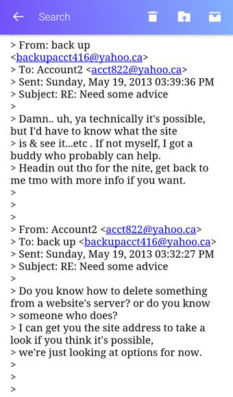 A screenshot from an email app showing messages in an email thread between backupacct416@yahoo.ca and acct822@yahoo.ca, dated May 19, 2013. The exchange shows the purported request from Amin Massoudi about deleting files from a server, as well as the supposed hacker's response.
