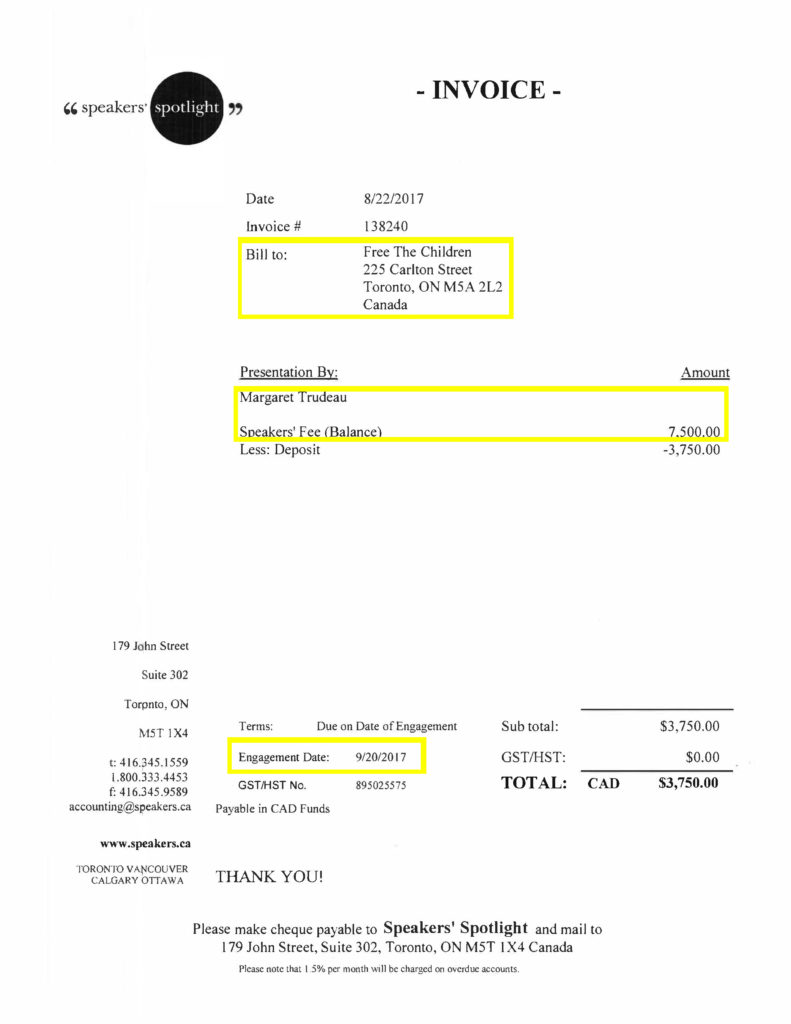 An invoice on Speakers' Spotlight letterhead. It's dated August 22, 2017, and is addressed to Free The Children. It's for a September 20th presentation by Margaret Trudeau. Her full fee is $7,500, and this invoice is for the balance following an earlier 50% deposit.