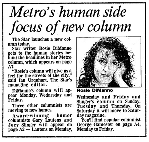 A short newspaper article headlined "Metro's human side focus of new column," with a black-and-white headshot of Rosie DiManno.
