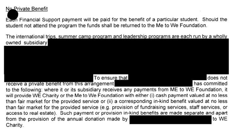 Under the heading "No Private Benefit" is a heavily blacked-out paragraph that begins "The international trips summer camp program and leadership programs are each run by a wholly owned subsidiary" and then lots of redactions, e.g., "To ensure that [redacted] does not receive a private benefit from this arrangement [redacted] has committed to the following…"
