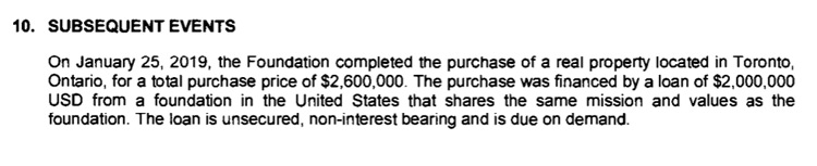 10. SUBSEQUENT EVENTS: On January 25, 2019, the Foundation completed the purchase of a real property located in Toronto, Ontario, for a total purchase price of $2,600,000. The purchase was financed by a loan of $2,000,000 USD from a foundation in the United States that shares the same mission and values as the foundation. The loan is unsecured, non-interest bearing and is due on demand.